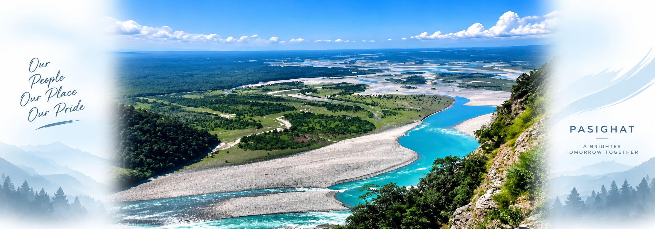 Aerial view of the turquoise Siang river braiding through wide gravel beds and lush green forest plains stretching to the horizon at Pasighat